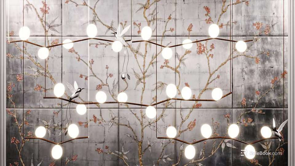 Elegant Tree Branch Chandelier With White Spherical Lights And Bird Decoration On Gray Patterned Wall 3d model