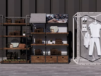 Industrial Display Shelves With Metal Racks Wooden Drawers Small Plants And Hanging Clothes 3d model