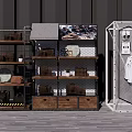 Industrial Display Shelves With Metal Racks Wooden Drawers Small Plants And Hanging Clothes