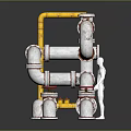 Industrial Piping Equipment With White Pipes Yellow Supports Red Valves And Human Figure For Scale