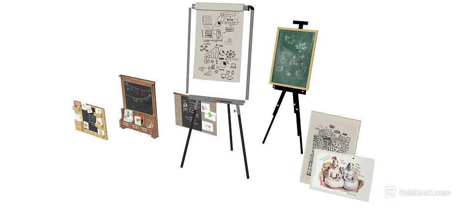 Assorted Musical Instruments and Art Supplies with Easels Drawing Boards Chalkboards and Artwork 3d model 