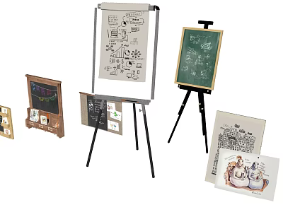 Assorted Musical Instruments and Art Supplies with Easels Drawing Boards Chalkboards and Artwork 3d model