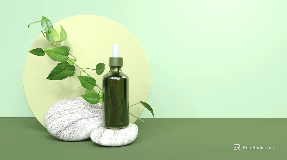 Natural Herbal Perfume Cosmetic Serum Bottle With Green Leaves And Stone Decor 3d model 