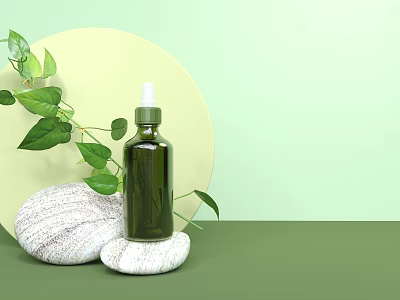 Natural Herbal Perfume Cosmetic Serum Bottle With Green Leaves And Stone Decor 3d model