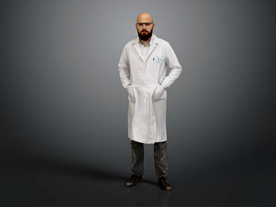 Man In White Lab Coat Standing Against Gray Background With Hands In Pockets 3d model