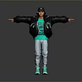 Man Wearing Black Jacket Green T Shirt Gray Pants Bright Blue Shoes With Arms Outstretched