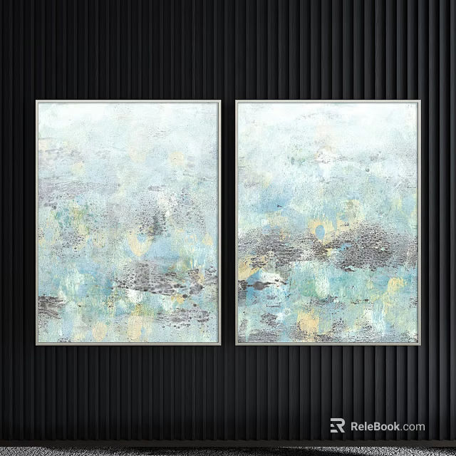 Two Abstract Paintings with Light Blue Green Beige Gray Textured on Black Vertical Striped Wall 3d model 