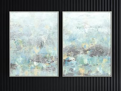 Two Abstract Paintings with Light Blue Green Beige Gray Textured on Black Vertical Striped Wall 3d model