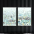 Two Abstract Paintings with Light Blue Green Beige Gray Textured on Black Vertical Striped Wall