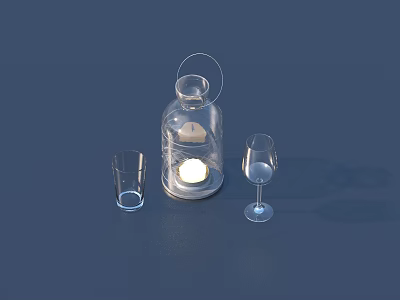 Decorative Transparent Glass Lantern With Lit Candle Wine Glass And Cup 3d model