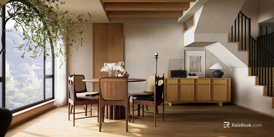 Cozy Restaurant Interior With Wooden Dining Table Chairs Green Plant And Natural Light 3d model 