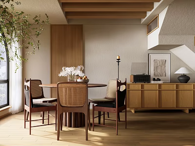 Cozy Restaurant Interior With Wooden Dining Table Chairs Green Plant And Natural Light 3d model