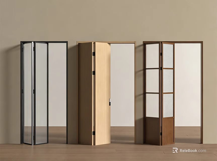 Modern Interior Folding Doors With Various Designs Black Frame Glass And Wooden Panels 3d model 