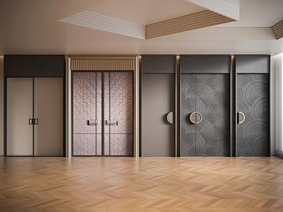 Varied Interior Door Designs With Patterned Panels Dark Frames And Wooden Floor 3d model