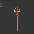 Ornate Golden Trident Weapon with Three Pronged Head Red Decorative Plaque and Shaft