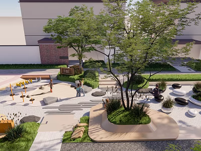 Urban Park Landscape with Lush Trees Benches Paved Areas Circular Seats and People Enjoying 3d model