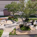 Urban Park Landscape with Lush Trees Benches Paved Areas Circular Seats and People Enjoying