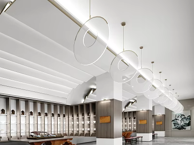 Modern Lounge Area With White Striped Ceiling And Transparent Circular Pendant Lights 3d model