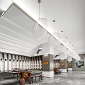 Modern Lounge Area With White Striped Ceiling And Transparent Circular Pendant Lights