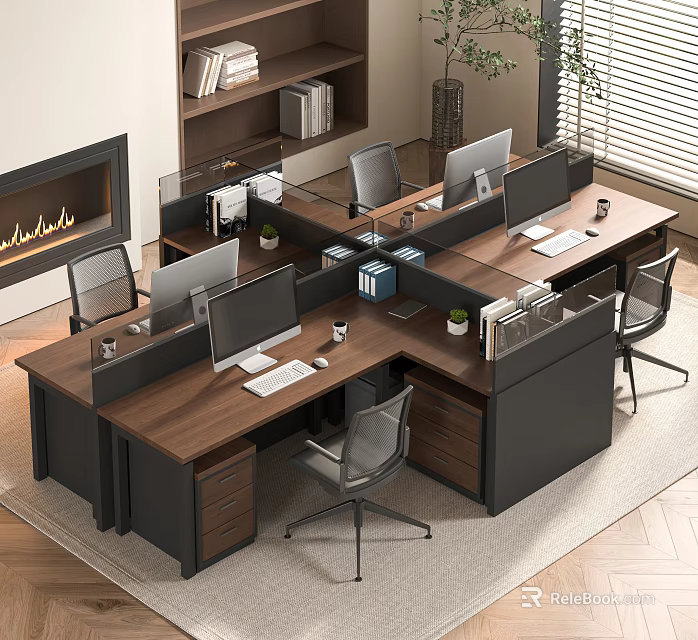 Modern Office Desk Workstation With Wooden Top Monitors And Ergonomic Chairs 3d model 