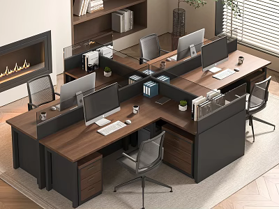 Modern Office Desk Workstation With Wooden Top Monitors And Ergonomic Chairs 3d model