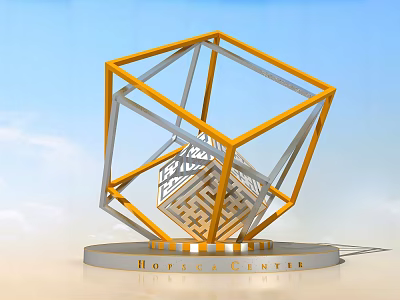 Modern Geometric Art Sculpture With Yellow Silver Metal Frame At Hofala Center 3d model