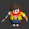Cartoon Child with Brown Hair Wearing Yellow Vest Red Scarf Holding Mechanical Arm Tool