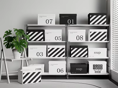 Organized Storage Boxes With Numbers And Stripes On Shelf 3d model