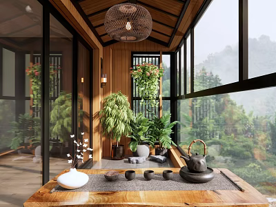 Natural Home Balcony Interior With Green Plants Tea Set And Wooden Decor 3d model