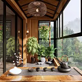 Natural Home Balcony Interior With Green Plants Tea Set And Wooden Decor