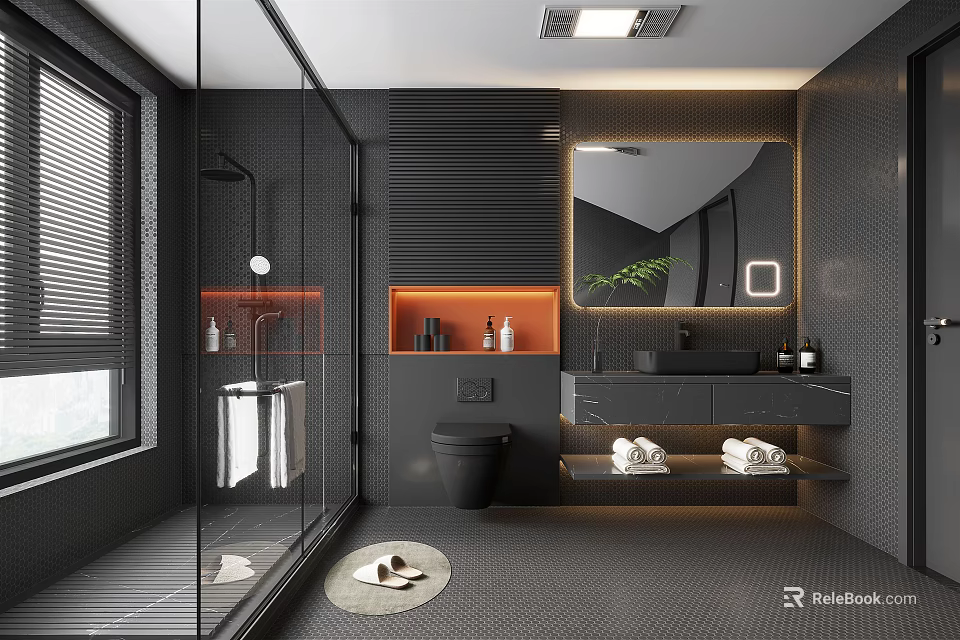 Modern Bathroom Interior Design With Glass Shower Marble Countertop Mirror And Green Plants 3d model 