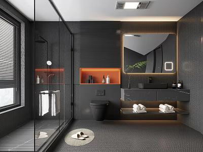 Modern Bathroom Interior Design With Glass Shower Marble Countertop Mirror And Green Plants 3d model