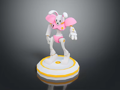 Pink And White Robot Rabbit Character 3D Model With Circular Stand Base 3d model