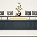 Modern Reception Desk with Computer Monitors and Yellow Flower Vase on Navy Blue Striped Panel