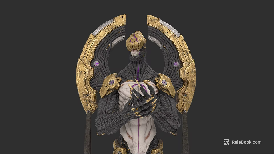 Fantasy Mythical Creature With Golden Wings Black Body White Torso And Purple Gems 3d model 