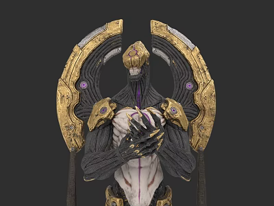 Fantasy Mythical Creature With Golden Wings Black Body White Torso And Purple Gems 3d model