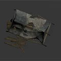 Old Tent Structure with Wooden Frame Torn Fabric Broken Parts and Scattered Planks