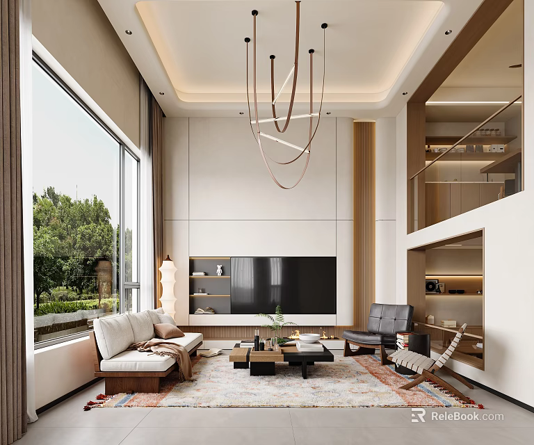 Duplex Living Room Interior Design With Large Windows Greenery View Light Sofa And Pendant Lights 3d model 