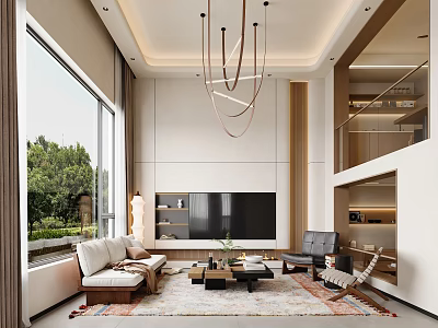 Duplex Living Room Interior Design With Large Windows Greenery View Light Sofa And Pendant Lights 3d model