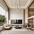 Duplex Living Room Interior Design With Large Windows Greenery View Light Sofa And Pendant Lights