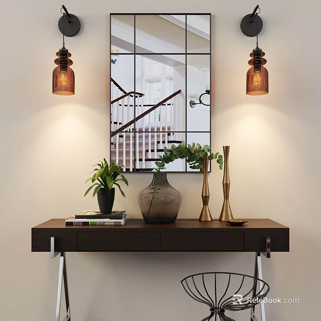 Stylish Decorative Ornament Set On Console Table With Mirror Pendant Lights And Green Plant 3d model 