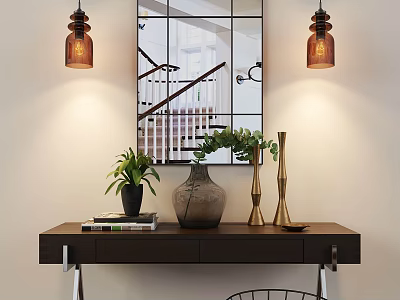 Stylish Decorative Ornament Set On Console Table With Mirror Pendant Lights And Green Plant 3d model