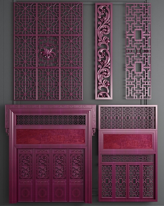 Chinese-style window solid wood door and window lattice combination 3d model