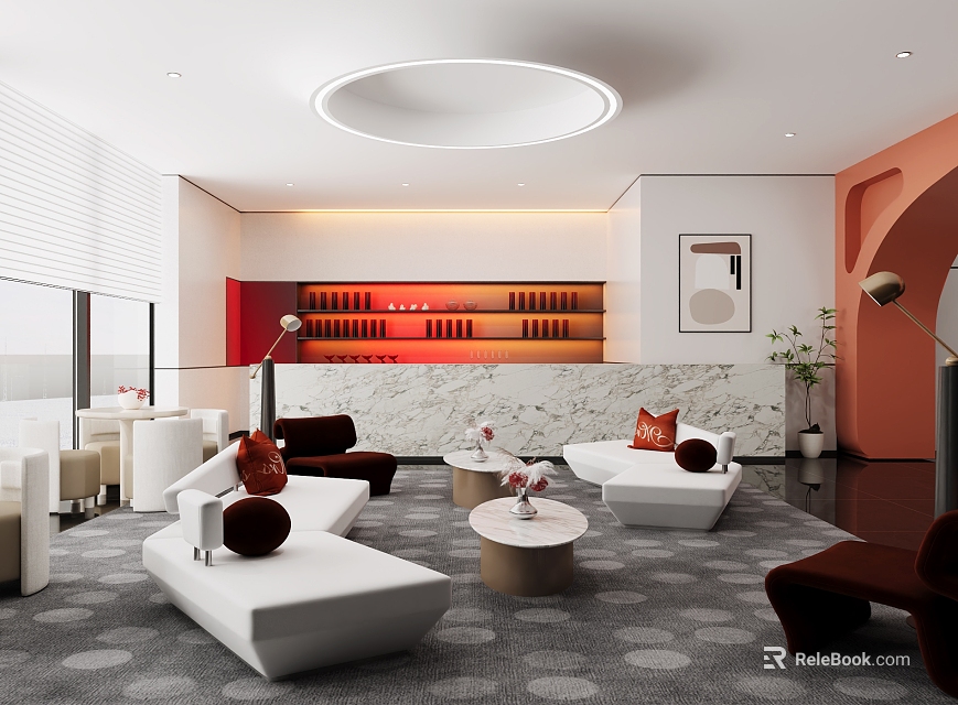 Modern Sales Office Interior With White Brown Sofas Round Coffee Tables And Circular Ceiling Light 3d model 