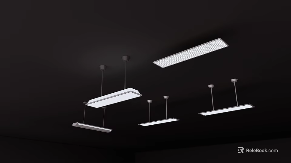 Modern Multiple Long Rectangular White Pendant Lights Hanging From Black Ceiling 3d model
