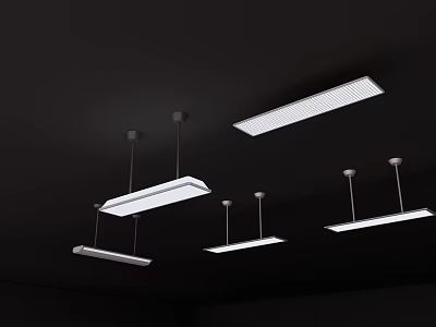 Modern Multiple Long Rectangular White Pendant Lights Hanging From Black Ceiling 3d model