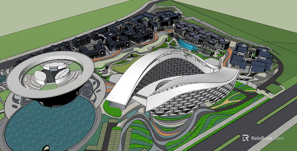 Modern Hotel Building Complex Aerial View With Landscaped Gardens And Water Features 3d model 