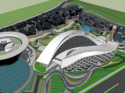 Modern Hotel Building Complex Aerial View With Landscaped Gardens And Water Features 3d model