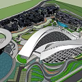 Modern Hotel Building Complex Aerial View With Landscaped Gardens And Water Features