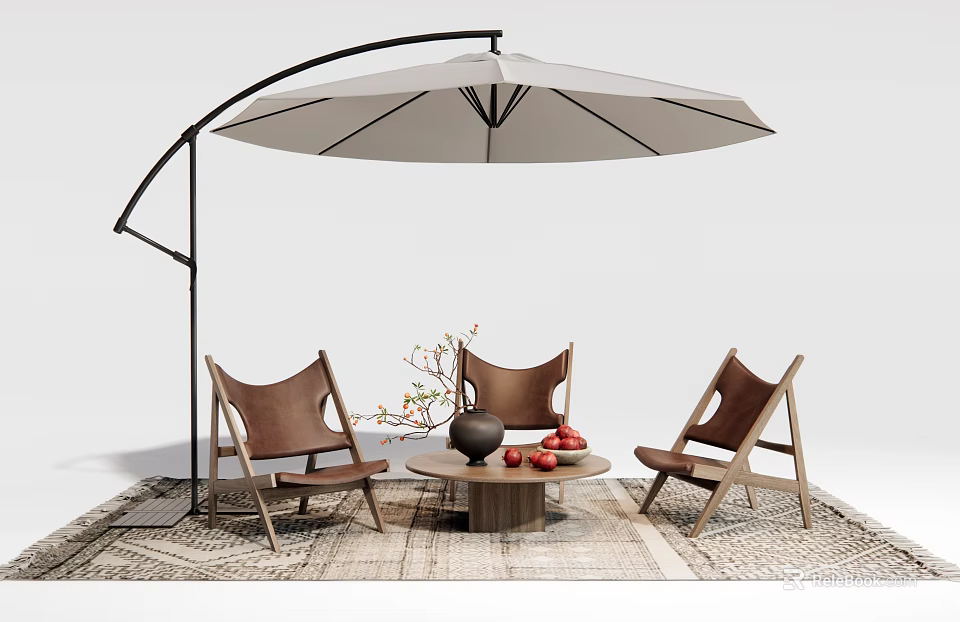 Outdoor Table with Wooden Chairs Patio Umbrella Decorative Fruits and Floor Rug 3d model 